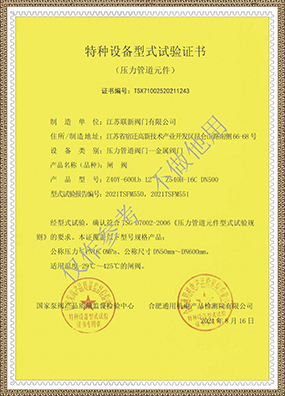 Type test certificate of special equipment (gate valve)